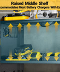 Must Have Power Tool Organizer Wall Mount With Charging Station for Garage Cordless Tools Hanger and Battery Storage Rack with raised shelf for chargers