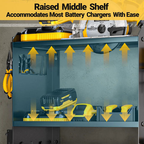 Must Have Power Tool Organizer Wall Mount With Charging Station for Garage Cordless Tools Hanger and Battery Storage Rack with raised shelf for chargers