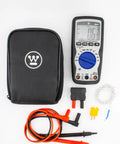 600V True RMS Auto Ranging Multimeter With Large Screen And Relative Mode, with case, probes, and accessories displayed.
