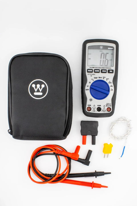 600V True RMS Auto Ranging Multimeter With Large Screen And Relative Mode, with case, probes, and accessories displayed.