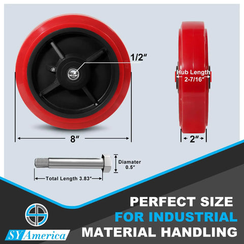 Heavy Duty Polyurethane Caster Wheels 8x2 Inch On Polyolefin Core For Warehouse And Material Handling, 1000 Lb Per Wheel, 4000 Lb Set Of Four, Industrial Casters For Easy Move, Set Of 100 with measurements