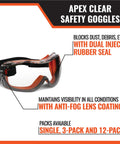 Image of APEX Safety Goggles ANSI Z87 Anti Fog Eyewear with adjustable strap and dual injected rubber seal for dust protection.