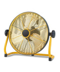 12 Inch Cordless Floor Fan Built With Rugged Metal Frame And Brushless Motor For Slick High Velocity Airflow Perfect For Camping Or Garage Use Featuring Zero Plug Hassle And Heavy Duty Reliability, shown in yellow and black.