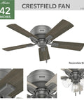 42 Inch Indoor Ceiling Fan With LED Lights And Pull Chain Low Profile Flush Mount Ultra Quiet 5 Blade Ceiling Fan For Bedroom Living Room Kitchen Energy Efficient Bright Lighting For Any Space