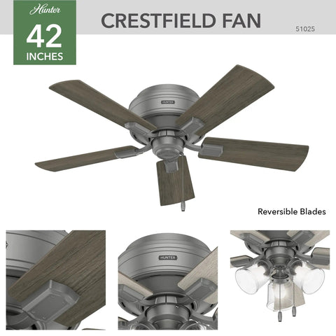 42 Inch Indoor Ceiling Fan With LED Lights And Pull Chain Low Profile Flush Mount Ultra Quiet 5 Blade Ceiling Fan For Bedroom Living Room Kitchen Energy Efficient Bright Lighting For Any Space