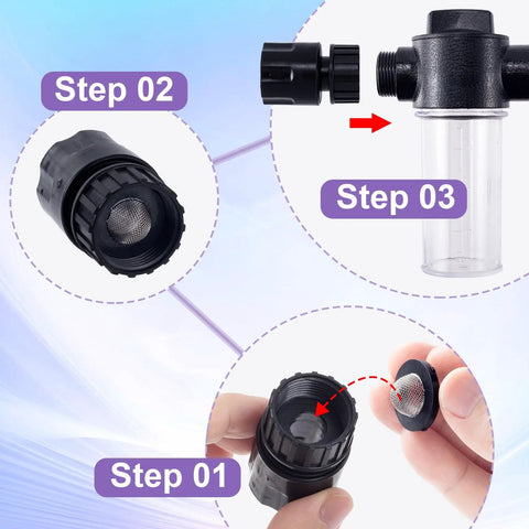 Assembly steps of the stainless steel hose screen filter washers inlet with strainer fittings kit for three quarter inch garden hose.