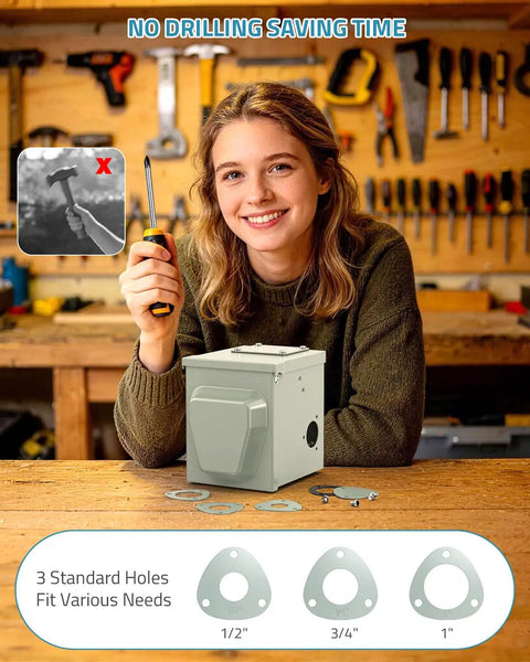 Heavy Duty Nema 14-50R EV Charging Outlet Box With Copper Contacts And Solid Brass Terminals For Straight Up Reliable Power Delivery No Fuss Drilling Required showing installation tools and options.
