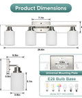 Product dimensions of Legit Top Tier Four Light Vanity Mirror Fixture Featuring Brushed Nickel Wall Sconces With Milky White Frosted Glass Panels.