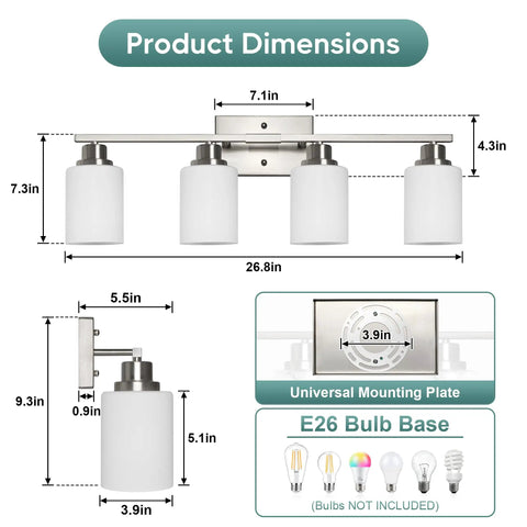 Product dimensions of Legit Top Tier Four Light Vanity Mirror Fixture Featuring Brushed Nickel Wall Sconces With Milky White Frosted Glass Panels.