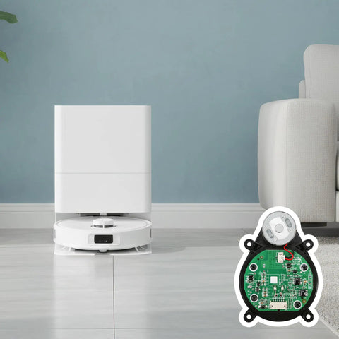 Plug and Play Laser Distance Sensor Replacement For Roborock Q Revo And P10 Robot Vacuums next to a vacuum on a tiled floor