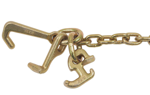 Close-up of Beefy 5/16 Inch Grade 70 V Chain Bridle with RTJ cluster hooks, strong towing chain links, 4700 LBS WLL