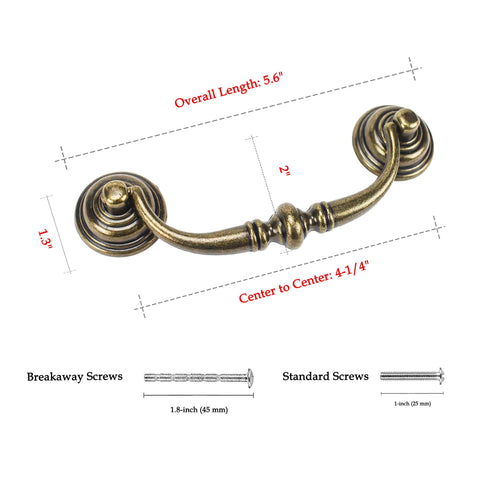 Diagram of Antique Brass Drop Bail Pulls Set Of 4 With 4-1/4 Inch Center To Center Spacing Ideal For Dressers Cupboards Wardrobes And Kitchen Cabinets
