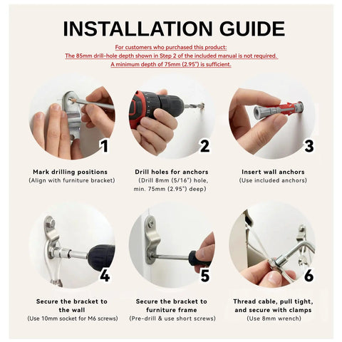 Installation guide for Heavy Duty Furniture Anchors, 304 Stainless Steel brackets with steps for securing to wall for safety.