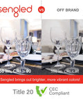 Comparison image of Sengled vs off-brand smart BR30 LED flood light bulbs showing brightness and color rendering differences.