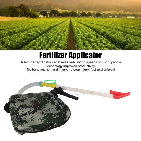 Flexible Handle Manual Fertilizer Spreader With Bag for farm vegetables, backpack style with adjustable knob in a field setting.