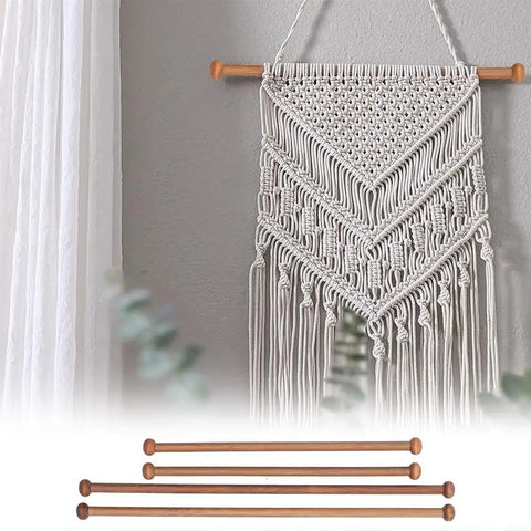 Set Of Four Top Shelf Wooden Dowel Closet Hangers With Burr Free Smooth Sandalwood Finish 12 Inch And 9 Inch Rods For Wardrobe Storage Durable Classic Design Garment Sticks displayed against a wall with macrame decor.
