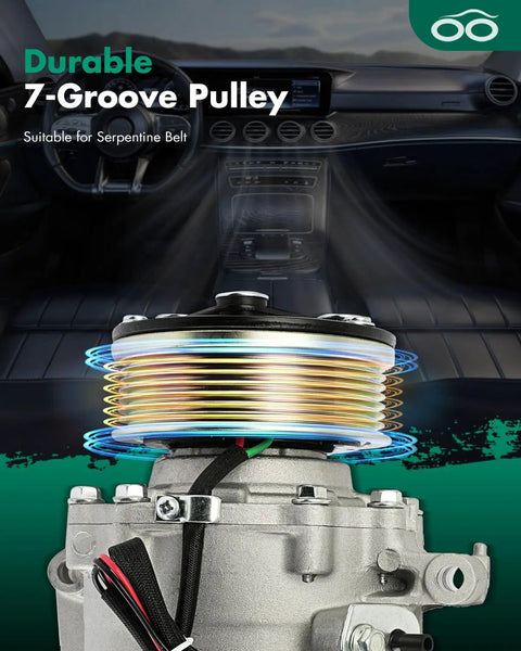 Rock Solid AC Compressor For Honda Civic One Point Eight Liter Engine Years Two Thousand Six Through Two Thousand Eleven showing 7-groove pulley for serpentine belt.