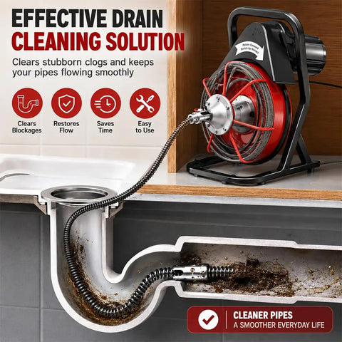 Badass 8 Piece Drain Cutter Head Set Swaps Directly to VEVOR 75ft Manual Feed Snake Auger Tool, showing clogged kitchen drain with snake.