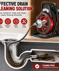 Eight Piece Drain Cutter Head Set For General Sewerooter Junior Replacement Spring Augers And Manual Drain Snake Tool For Tub Sink And Shower Drains To Whack Stubborn Gunk Quick Today, showing drain cleaning tool in action.