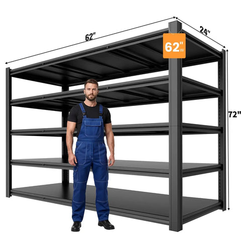 Heavy Duty Garage Shelving Units With Built Tough Storage Rack And Beefed Up Black Metal Frame for garages, 62" wide, 72" high.