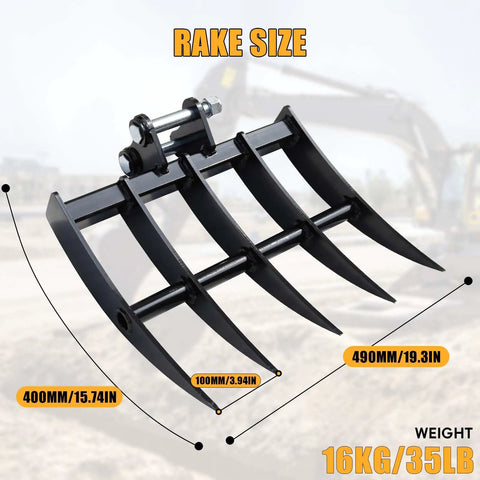 Mini Excavator Rake Attachment For 0.8 To 1.8 Ton Machines, wide backhoe rake dimensions for land clearing and soil spreading