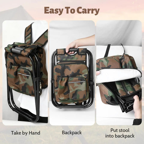 Foldable Camping Chair Backpack With Built In Cooler Insulated Picnic Bag, camouflage, easy carry, hand and backpack views.