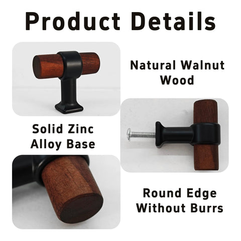 4 Pack Walnut Wood Drawer Pulls With Mounting Screws One Point Five Seven Inch T Bar Cabinet Handles, zinc alloy base, close-up.