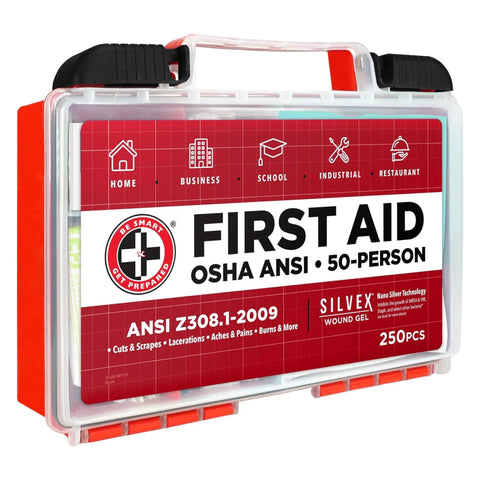 Be Smart Get Prepared OSHA/ANSI First Aid Kit, front view, 50-person, 250-piece, compact portable case