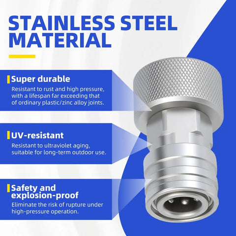Garden Hose To Pressure Washer Adapter Three Quarter GHT To One Quarter Quick Connect For Pressure Washer Accessories, stainless steel, close-up