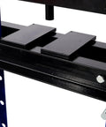 Close-up of blue Beefy 20 Ton Hydraulic Shop Press with bottle jack and pressure gauge, heavy-duty steel frame, adjustable bed.