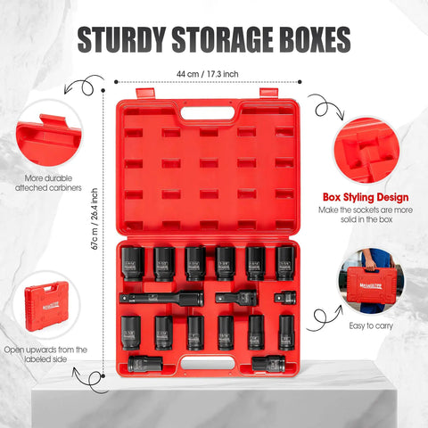 Half Inch Drive Deep Impact Socket Set, 20-Piece Metric Socket Kit From 10mm To 24mm in red storage case with extension bars