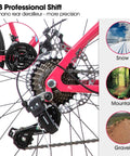 Close-up of rear derailleur and disc brake on bright pink 26 Inch Women's Mountain Bike With Step Through Frame 18 Speed Gearing