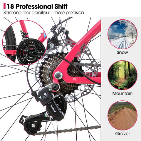 Close-up of rear derailleur and disc brake on bright pink 26 Inch Women's Mountain Bike With Step Through Frame 18 Speed Gearing