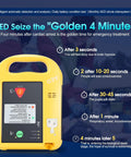 Front view of a yellow portable AED defibrillator for home use with built-in screen.