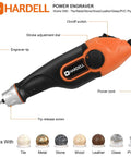 Compact 24W Engraving Pen Delivers Badass Performance At Five Speeds Includes Three Hella Durable Tungsten Carbide Bits For Crisp Etching On Metals Stone Glass And Wood Boasts A Cushioned Grip Handle Straight Out Of Box Ready showing ergonomic grip, stroke adjustment dial, and engraving tip, suitable for various materials.