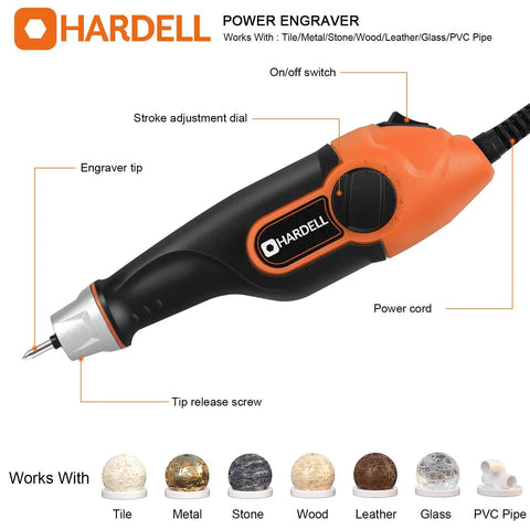 Compact 24W Engraving Pen Delivers Badass Performance At Five Speeds Includes Three Hella Durable Tungsten Carbide Bits For Crisp Etching On Metals Stone Glass And Wood Boasts A Cushioned Grip Handle Straight Out Of Box Ready showing ergonomic grip, stroke adjustment dial, and engraving tip, suitable for various materials.