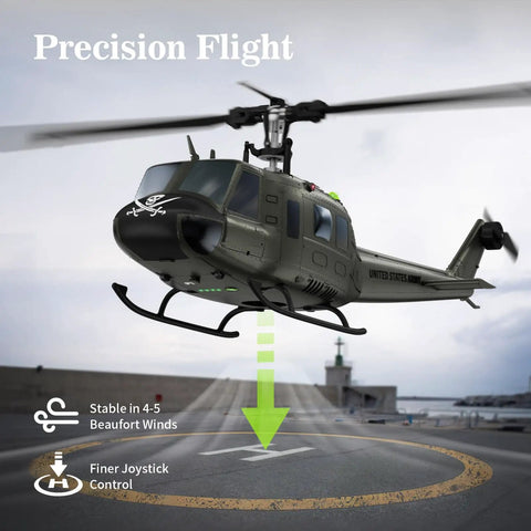UH-1 Huey RC Helicopter With Auto Hover Dope Collectible 1/27 Scale Desk Model in flight, showing stable flight features