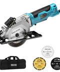 Seesii mini circular saw with laser guide, blue/black, side view, includes three blades and a carrying bag.