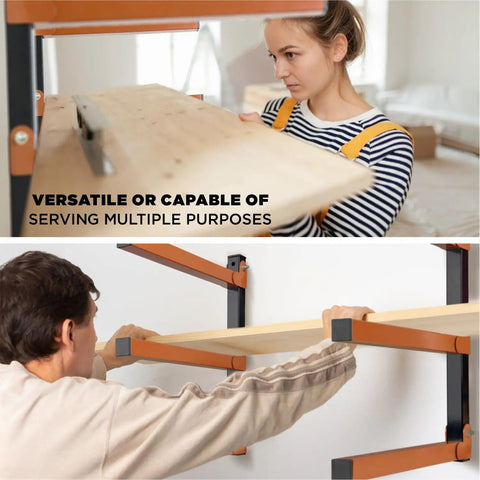 Two people installing Heavy Duty 3 Level Wall Mounted Lumber Storage Rack Metal Wood Organizer For Garage Workshop And Shed Space Saving Durable Steel Shelving Ideal For Long Boards And Lumber 4 Pack