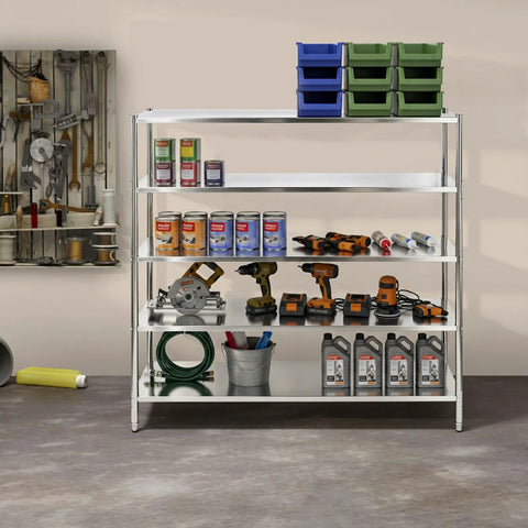Built Tough Five Tier Stainless Steel Storage Rack Heavy Duty Adjustable Metal Shelving Unit Designed For Heavy Hauls And Home Organization With 330 Pound Capacity Per Shelf Garage Ready Silver Finish filled with tools and bins.