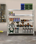 Five Tier Stainless Steel Shelving Rack With Heavy Duty Adjustable Storage Shelves organizing tools and supplies in a garage setup.