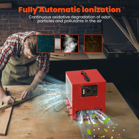 Tabletop Dust Collector For Woodworking, Portable Double Sided Air Filtration System With Built In Ionizer And Timer in workshop