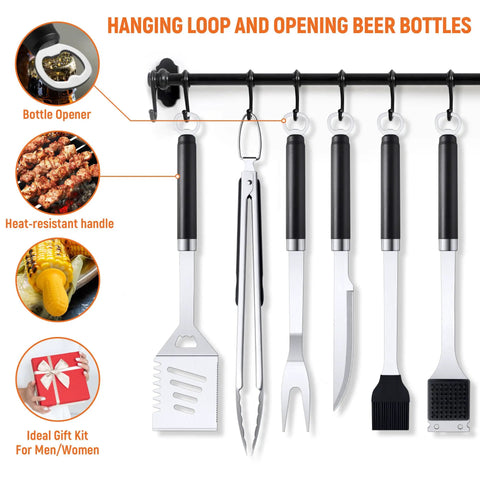 Stainless Steel 19 Piece BBQ Tools Set With Tongs Spatula Fork Knife Basting Brush Cleaning Brush 6 Corn Forks