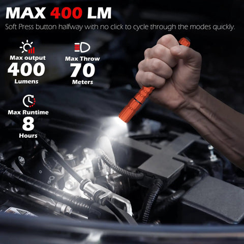 Person using Rechargeable Pen Light Flashlight With Clip, 400 Lumens Pocket Torch for car repair