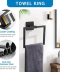 Matte Black 5 Piece Bathroom Hardware Set With Wall Mounted Towel Bar Towel Holder And Towel Racks Kit SUS304 Stainless Steel Rustproof Fixtures For Ultra Durable Bath Organization 23.6 Inch towel ring displayed in bathroom with gray towel
