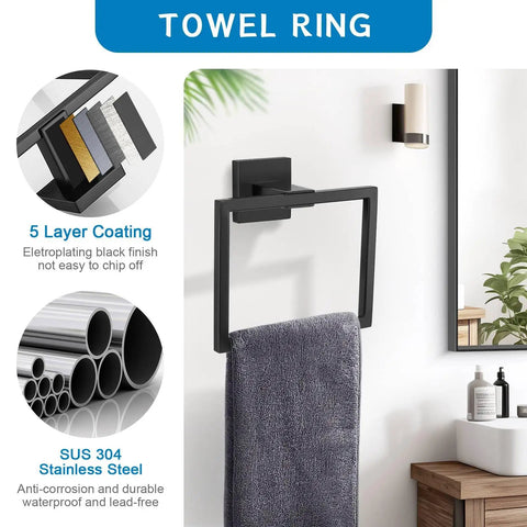 Matte Black 5 Piece Bathroom Hardware Set With Wall Mounted Towel Bar Towel Holder And Towel Racks Kit SUS304 Stainless Steel Rustproof Fixtures For Ultra Durable Bath Organization 23.6 Inch towel ring displayed in bathroom with gray towel