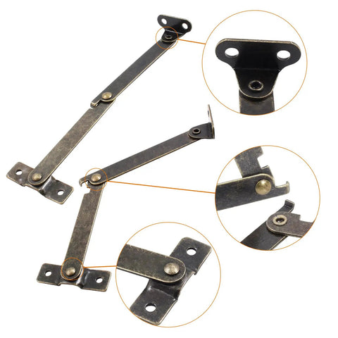 Antique Bronze Folding Lid Stay Hinges 2 Pack Left Side Lift Up For Furniture Cabinets Jewelry Boxes Display, close-up view