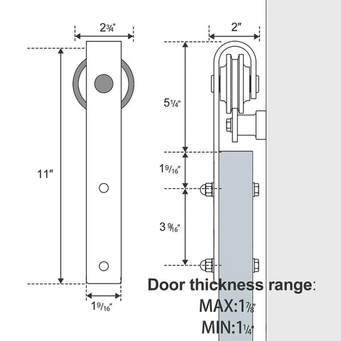 Diagram showing dimensions of Beefy Heavy Duty Sliding Barn Door Hardware Kit For Single Door With Steel Track And Nylon Rollers