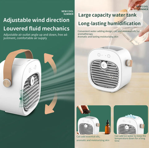 Cordless Mini AC With 6000mAh Battery, USB Powered Personal Cooling Unit showing adjustable air outlet and water tank features