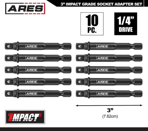 Image of a ten-piece Impact Grade Socket Adapter Set For Drill Drivers, three inches long with 3/8-inch drive and chrome vanadium steel.